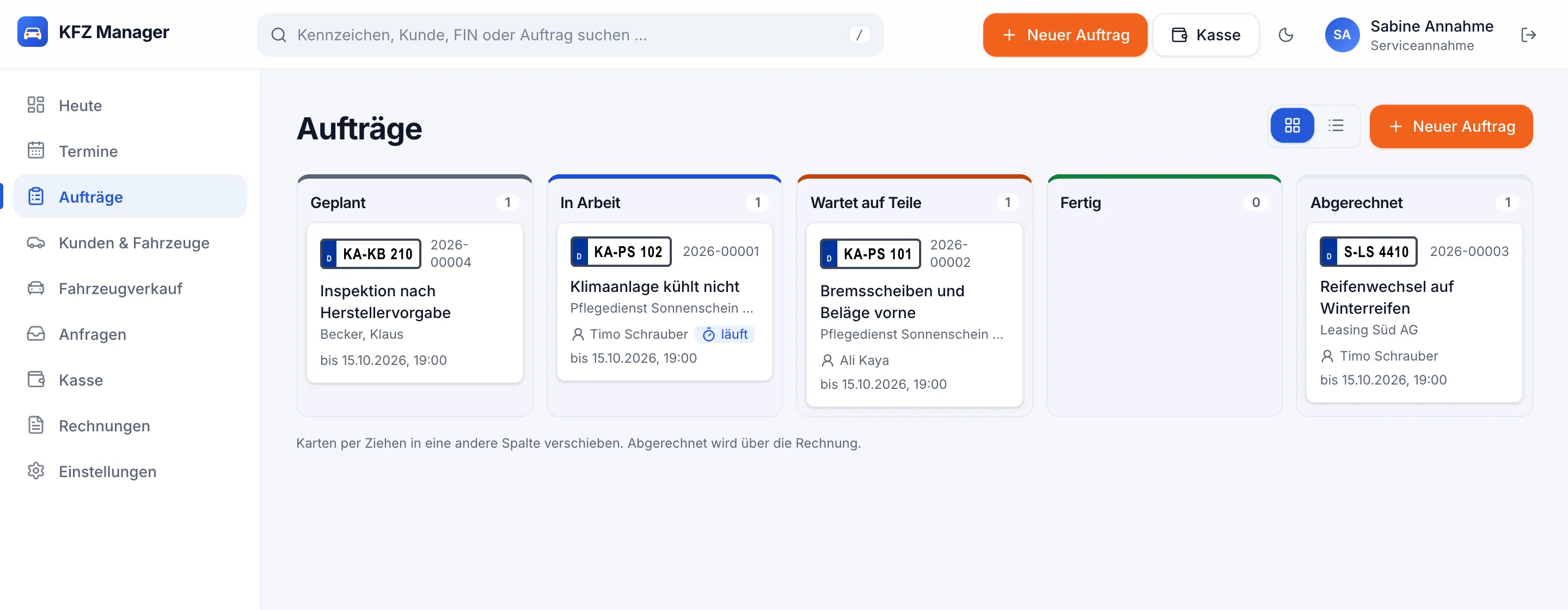 Auftragstafel im KFZ Manager mit Spalten Geplant, In Arbeit, Wartet auf Teile und Fertig